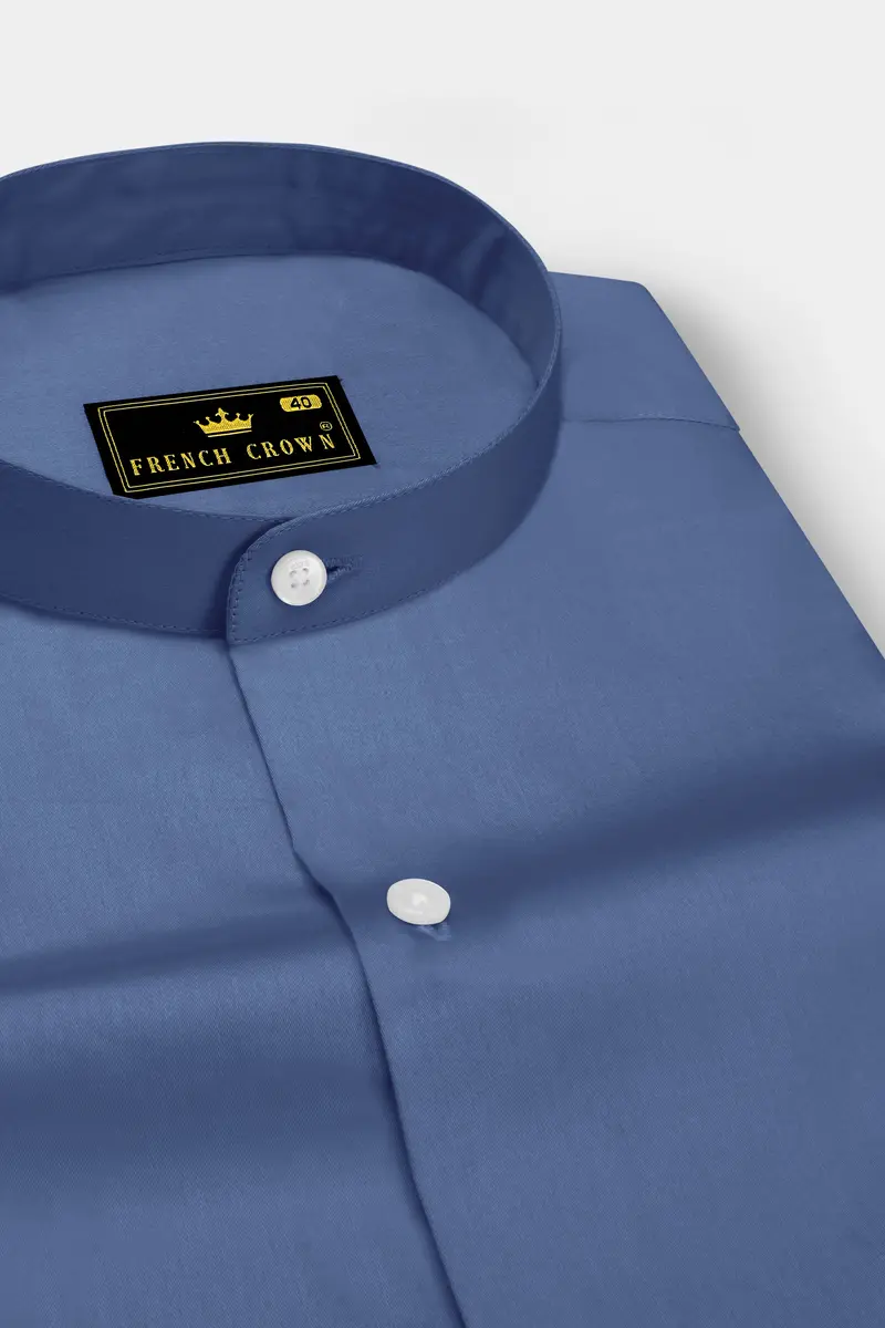 Azurion-Dusky Blue Subtle Sheen Super Soft Premium Cotton Mandarin Dress Shirt 2