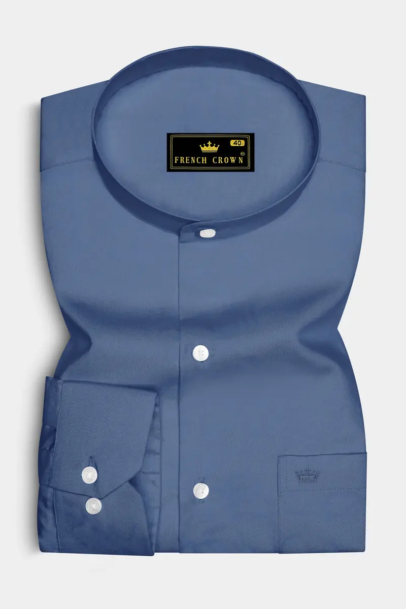 Azurion-Dusky Blue Subtle Sheen Super Soft Premium Cotton Mandarin Dress Shirt 4