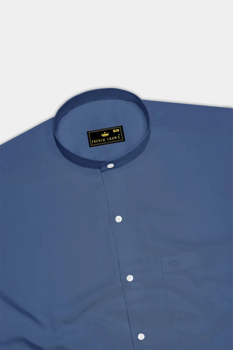 Azurion-Dusky Blue Subtle Sheen Super Soft Premium Cotton Mandarin Dress Shirt 5