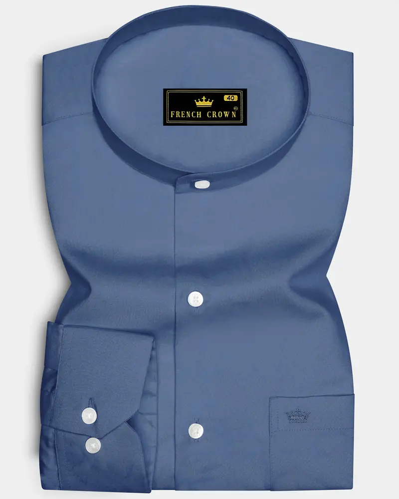 Azurion-Dusky Blue Subtle Sheen Super Soft Premium Cotton Mandarin Dress Shirt 6