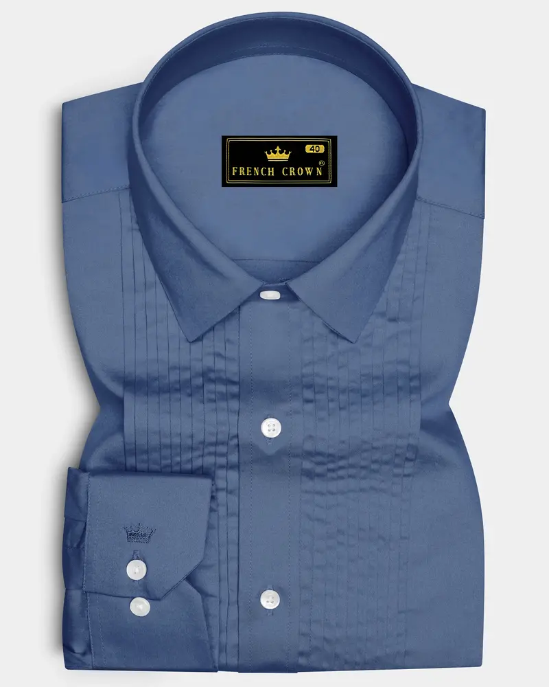 Azurion-Dusky Blue Subtle Sheen Super Soft Premium Cotton Tuxedo Dress Shirt 1