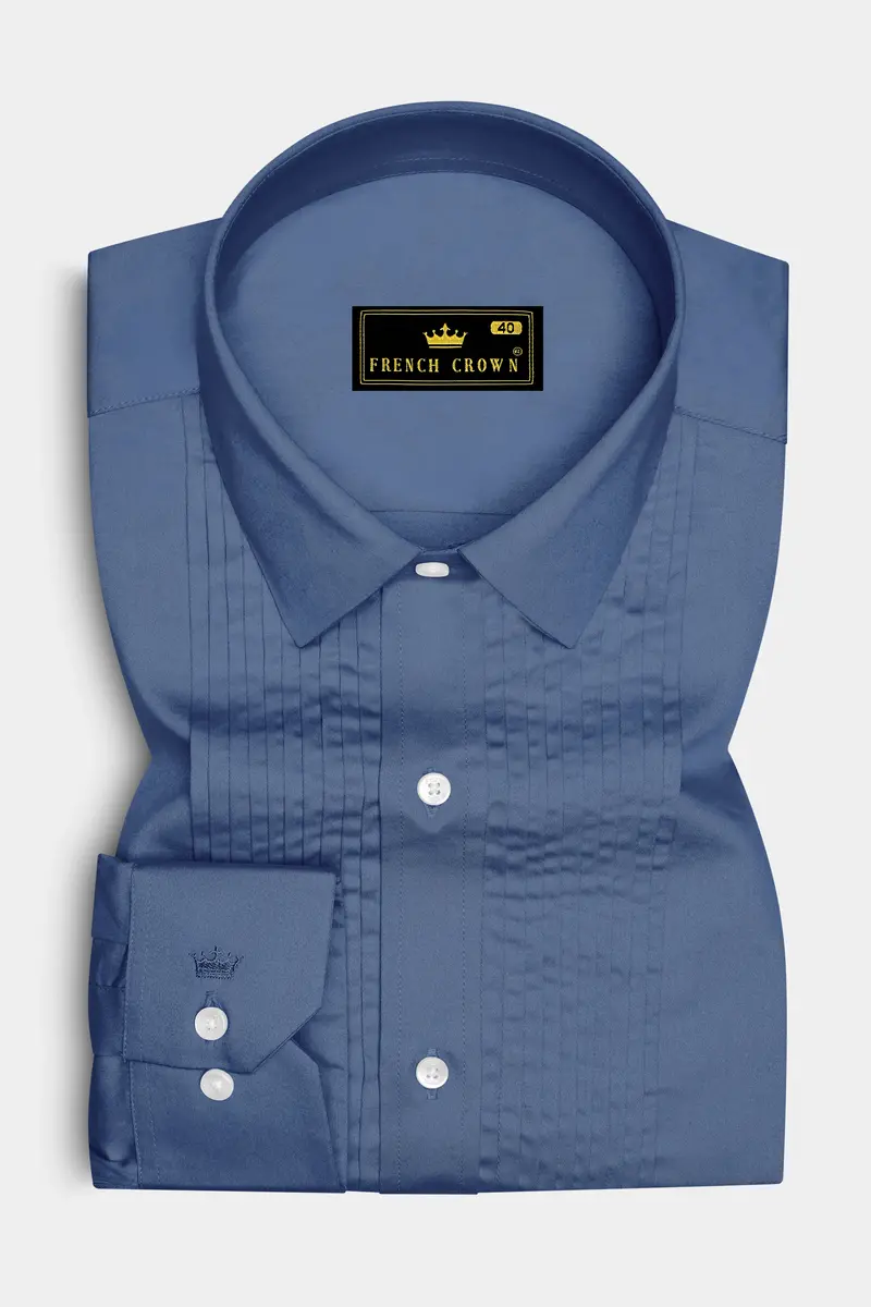 Azurion-Dusky Blue Subtle Sheen Super Soft Premium Cotton Tuxedo Dress Shirt 2