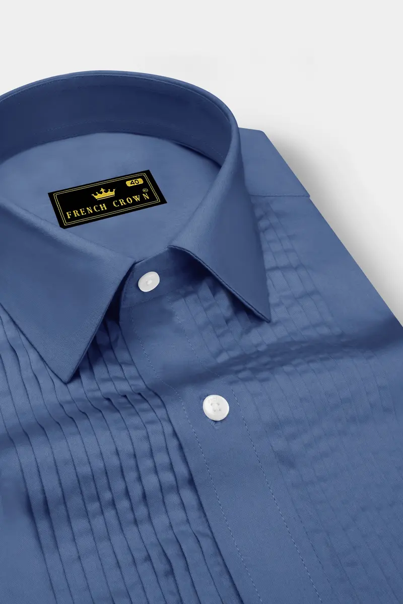 Azurion-Dusky Blue Subtle Sheen Super Soft Premium Cotton Tuxedo Dress Shirt 4