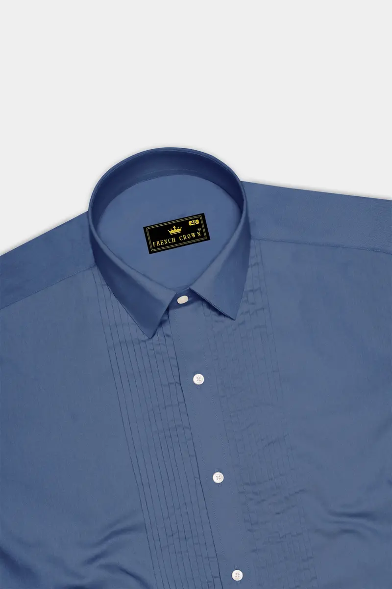 Azurion-Dusky Blue Subtle Sheen Super Soft Premium Cotton Tuxedo Dress Shirt 5
