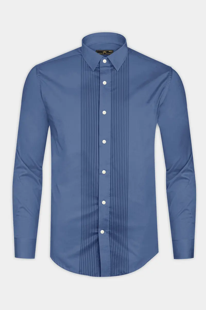 Azurion-Dusky Blue Subtle Sheen Super Soft Premium Cotton Tuxedo Dress Shirt 6