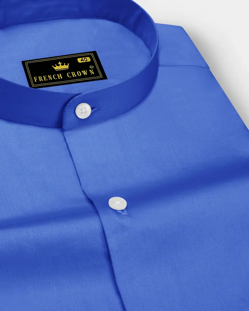 Azurion-Mariner Blue Subtle Sheen Super Soft Premium Cotton Mandarin Dress Shirt 1