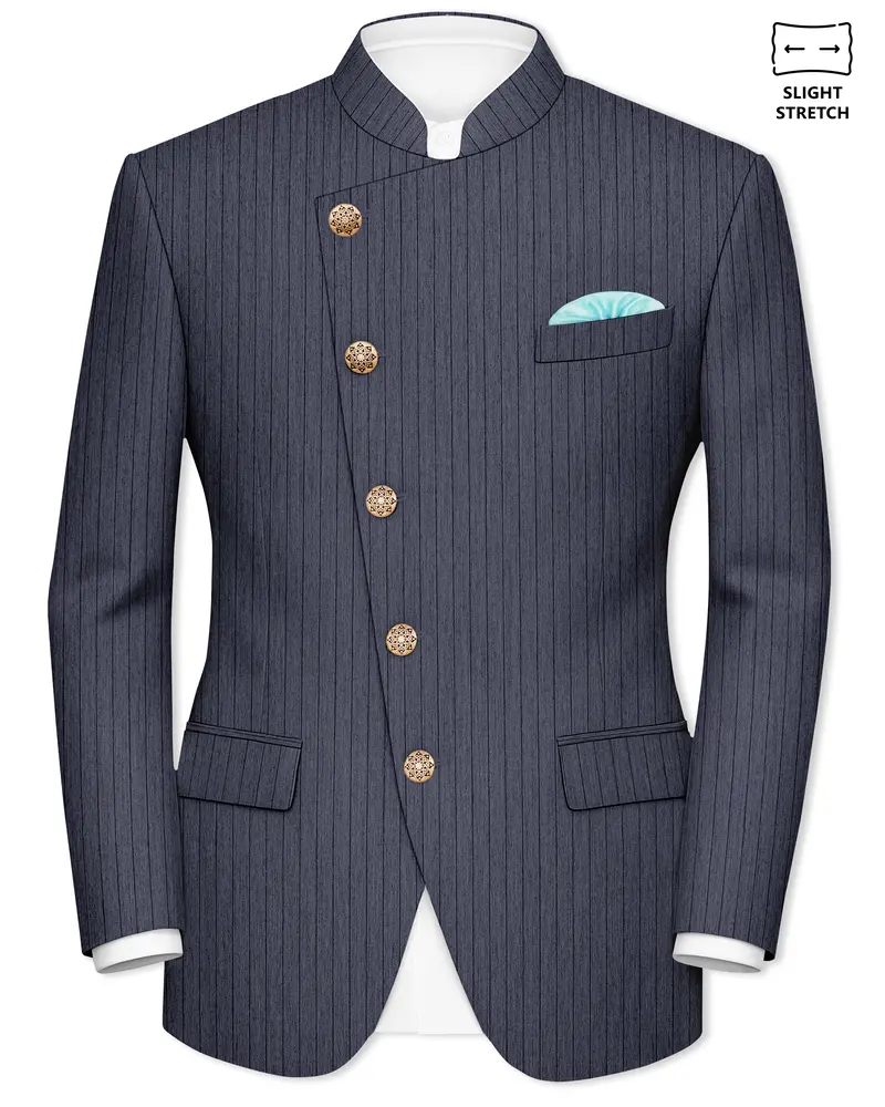 Azurion-Ninja Blue Pin Striped Wool Rich Cross Placket Bandhgala Slight Stretch Blazer 1