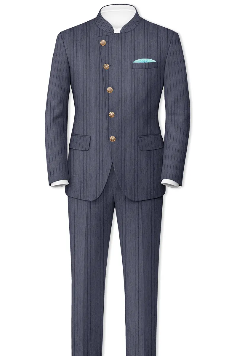 Azurion-Ninja Blue Pin Striped Wool Rich Cross Placket Bandhgala Slight Stretch Blazer 8