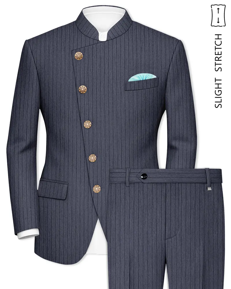 Azurion-Ninja Blue Pin Striped Wool Rich Cross Placket Bandhgala Slight Stretch Suit 1