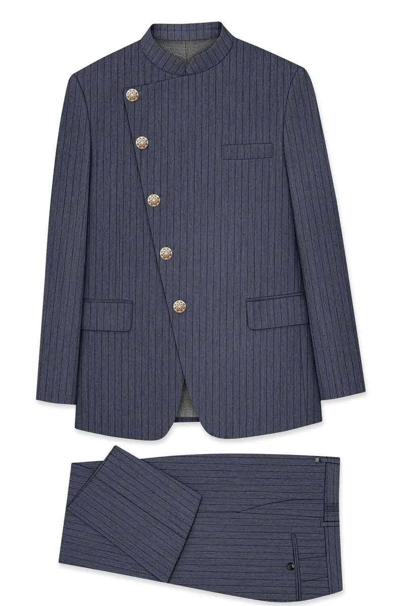 Azurion-Ninja Blue Pin Striped Wool Rich Cross Placket Bandhgala Slight Stretch Suit 10