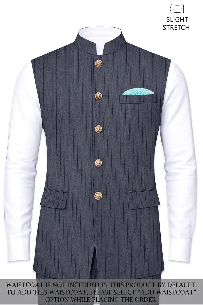 Azurion-Ninja Blue Pin Striped Wool Rich Cross Placket Bandhgala Slight Stretch Suit 15
