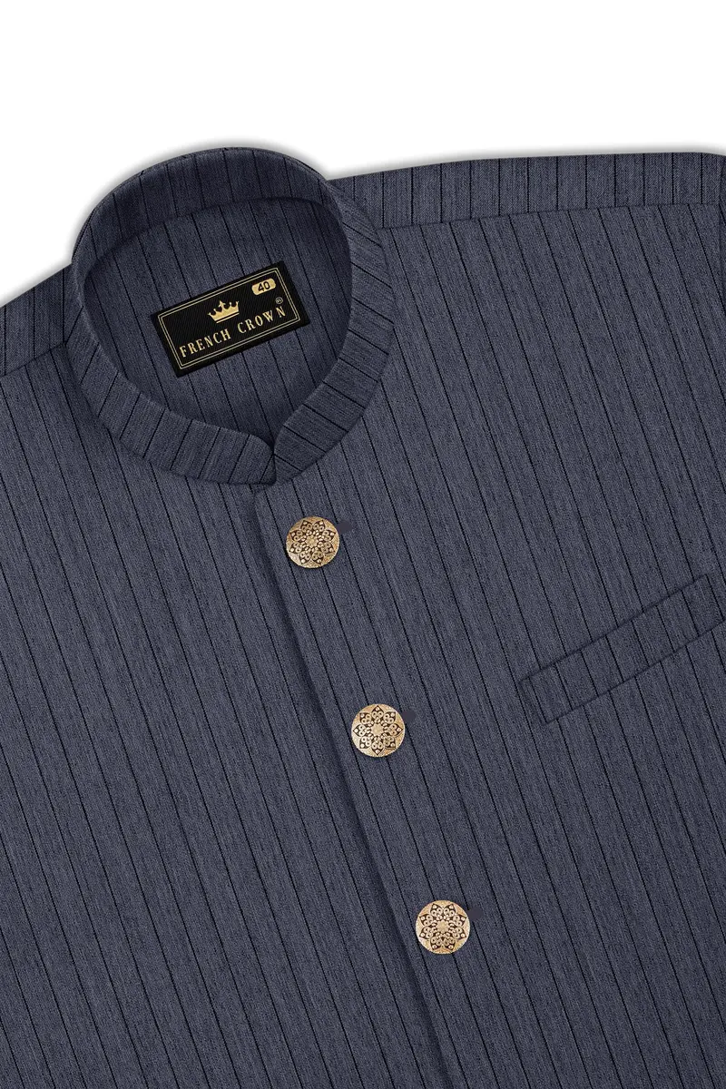 Azurion-Ninja Blue Pin Striped Wool Rich Cross Placket Bandhgala Slight Stretch Suit 17