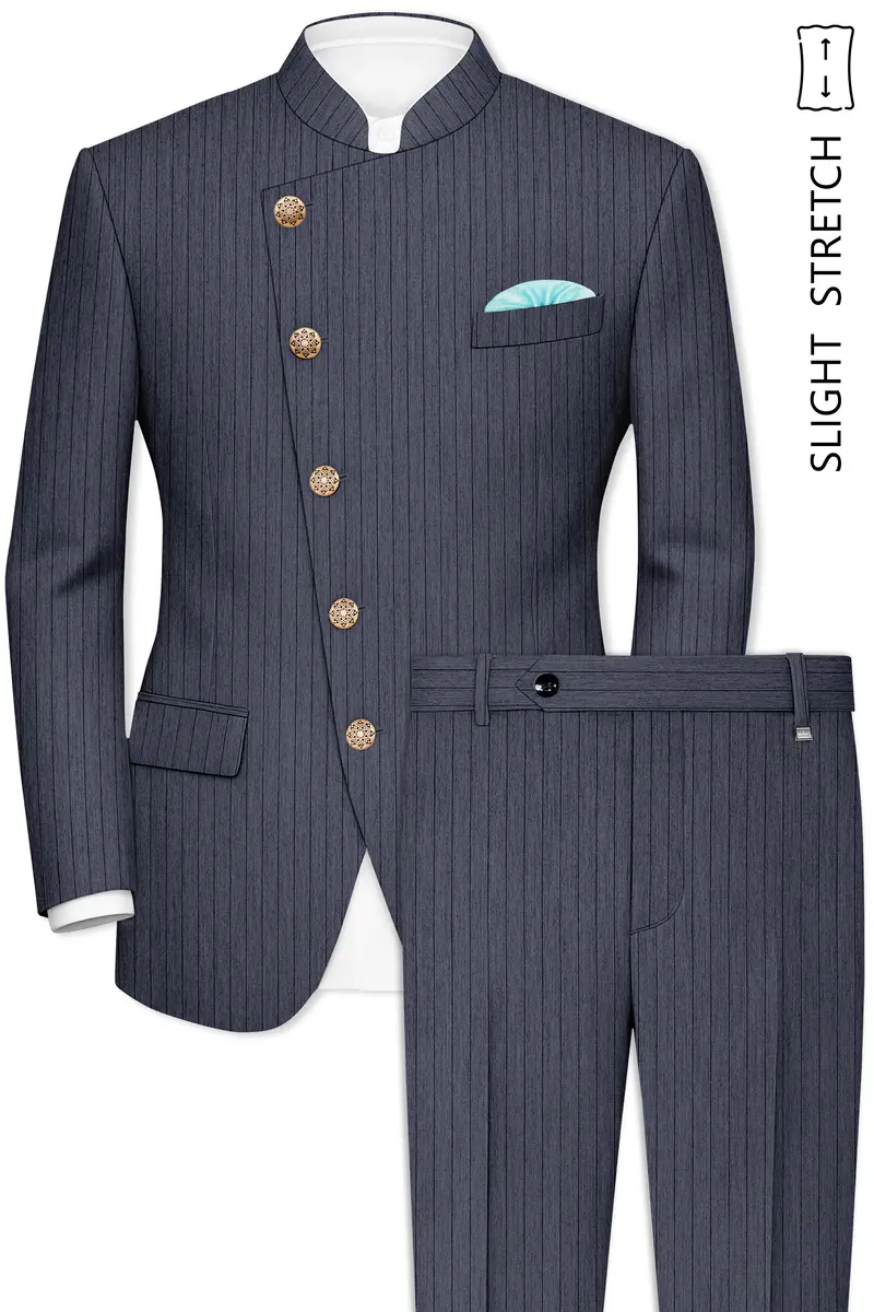Azurion-Ninja Blue Pin Striped Wool Rich Cross Placket Bandhgala Slight Stretch Suit 2