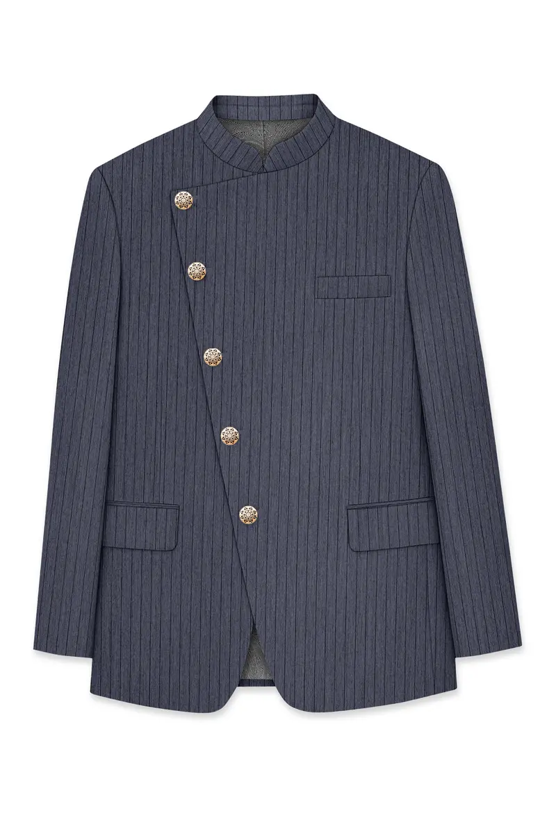Azurion-Ninja Blue Pin Striped Wool Rich Cross Placket Bandhgala Slight Stretch Suit 7