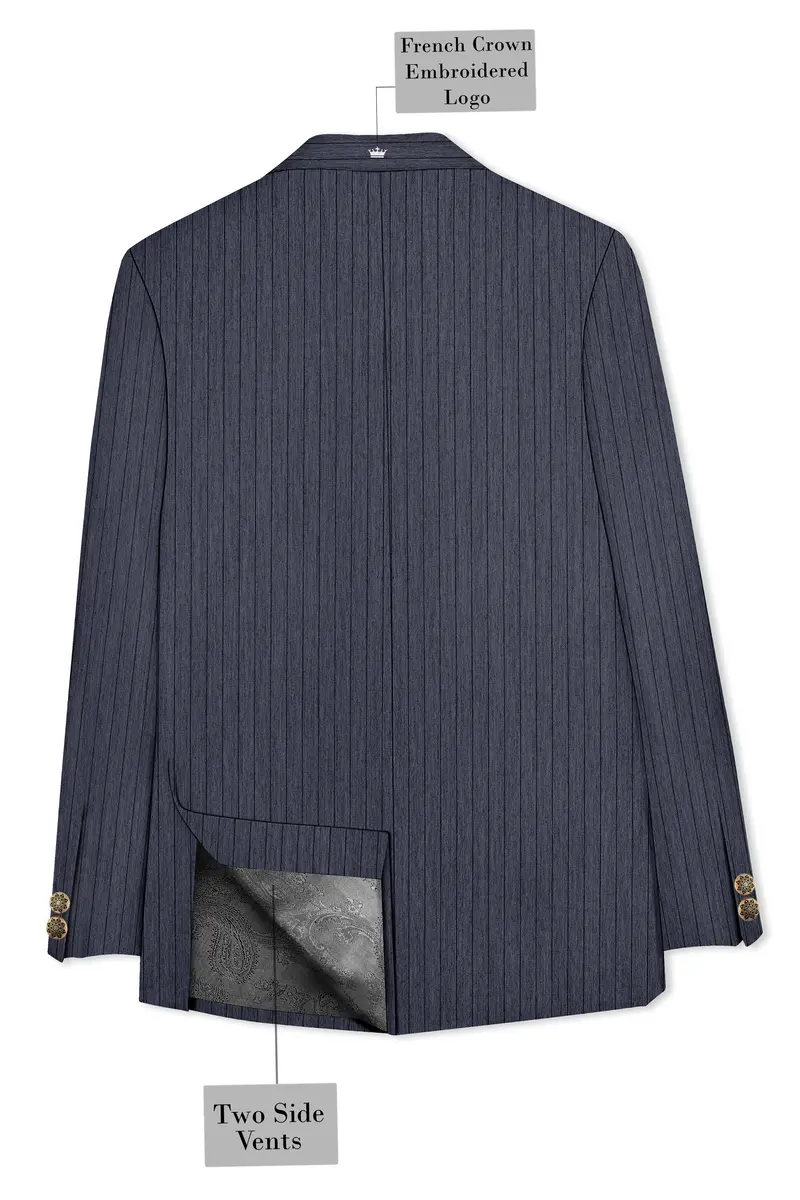 Azurion-Ninja Blue Pin Striped Wool Rich Cross Placket Bandhgala Slight Stretch Suit 8