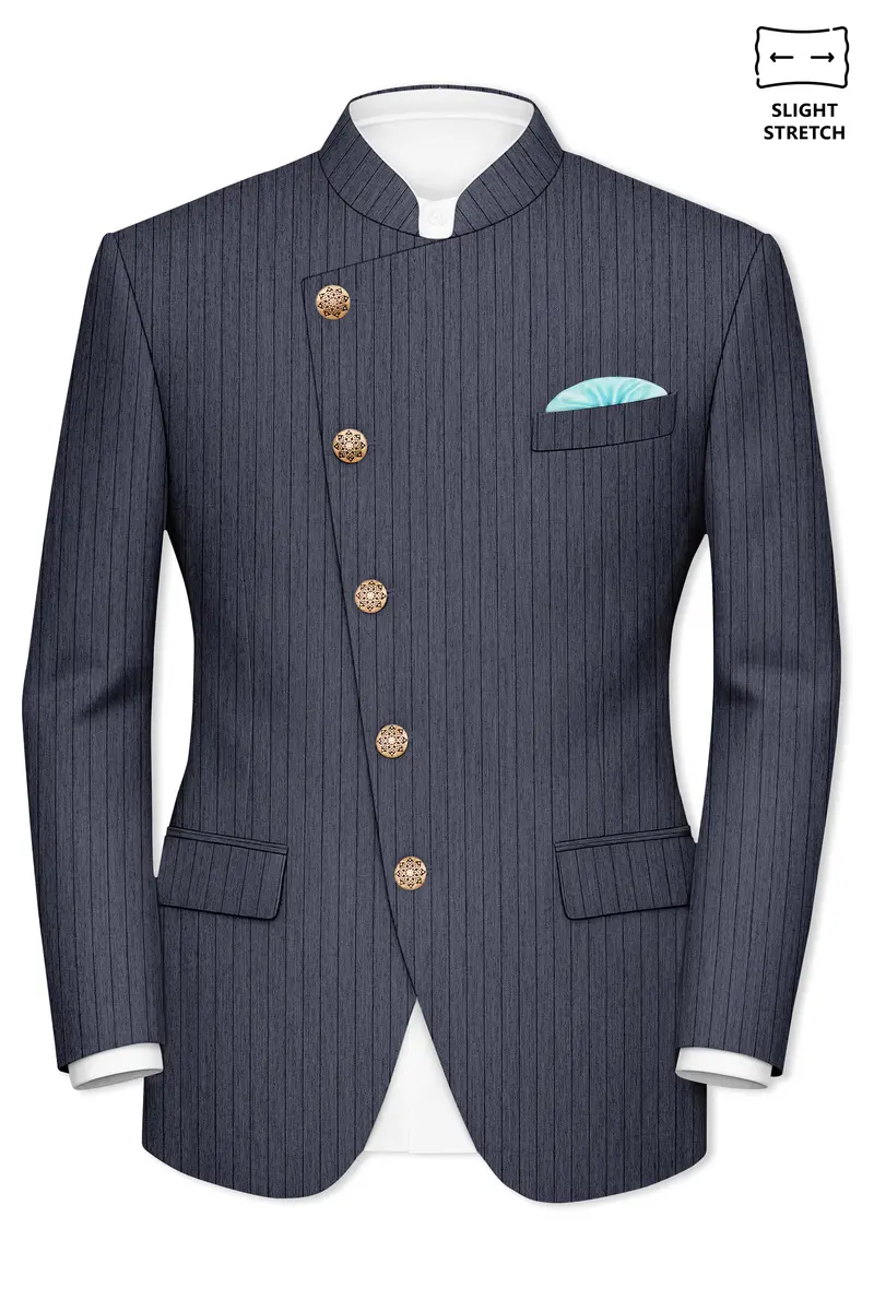 Azurion-Ninja Blue Pin Striped Wool Rich Cross Placket Bandhgala Slight Stretch Suit 9