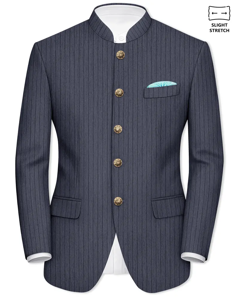 Azurion-Ninja Blue Pin Striped Wool Rich Slight Stretch Bandhgala Blazer 1