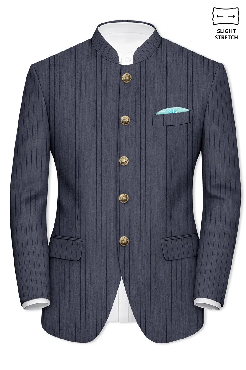 Azurion-Ninja Blue Pin Striped Wool Rich Slight Stretch Bandhgala Blazer 2