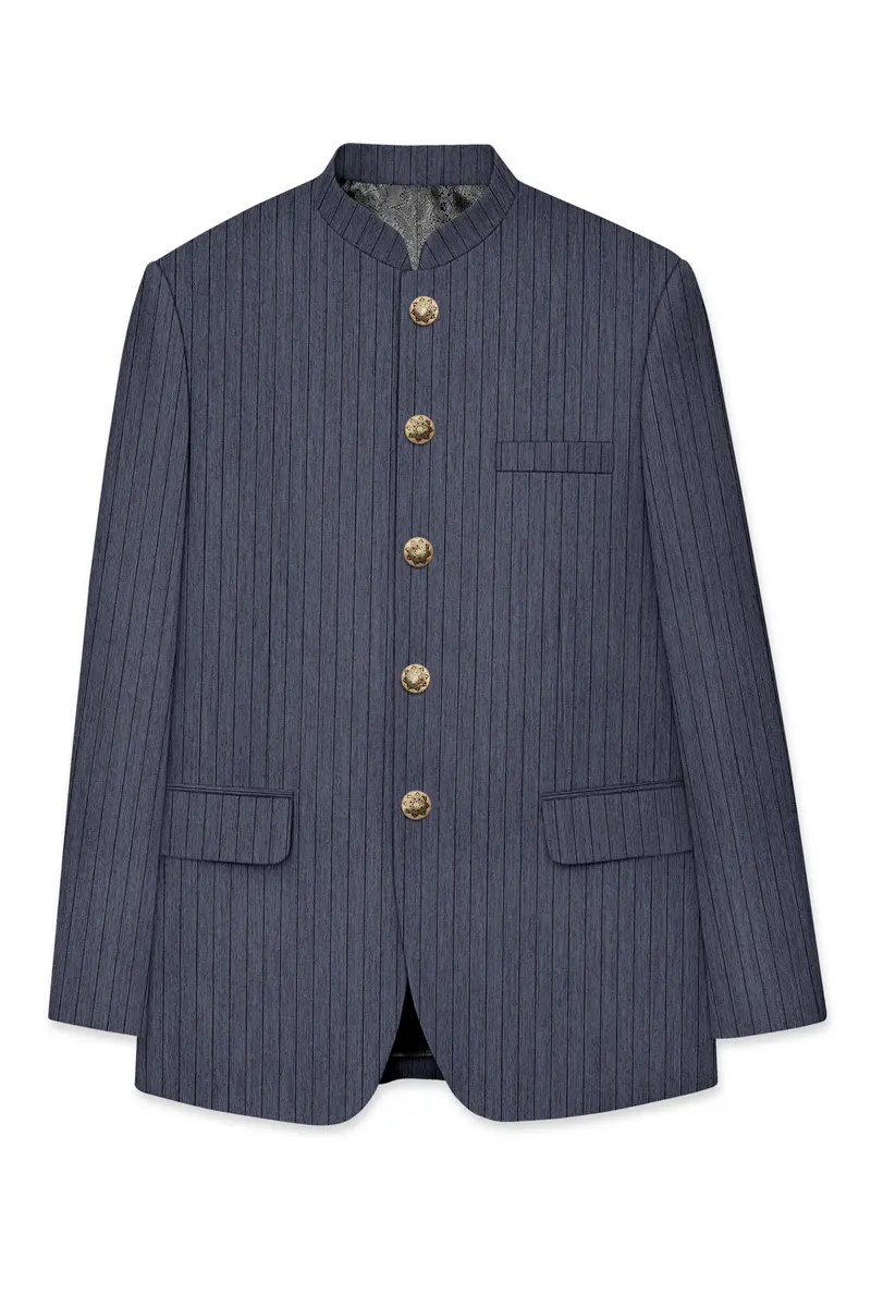 Azurion-Ninja Blue Pin Striped Wool Rich Slight Stretch Bandhgala Blazer 6