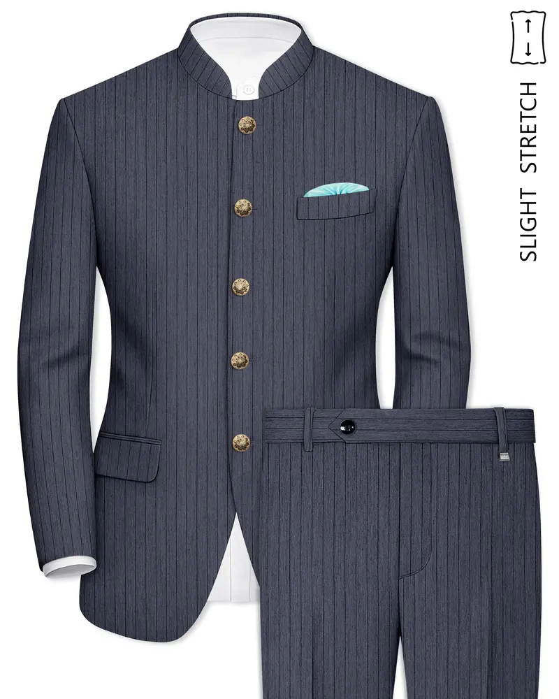 Azurion-Ninja Blue Pin Striped Wool Rich Slight Stretch Bandhgala Suit 1