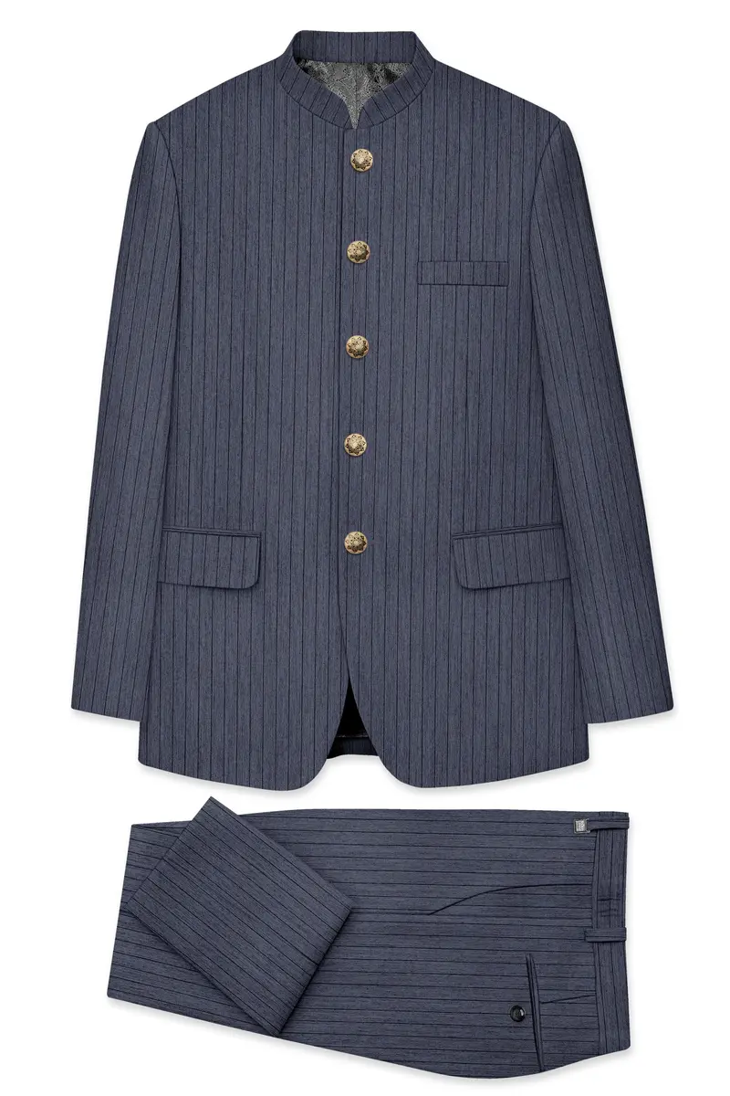 Azurion-Ninja Blue Pin Striped Wool Rich Slight Stretch Bandhgala Suit 10