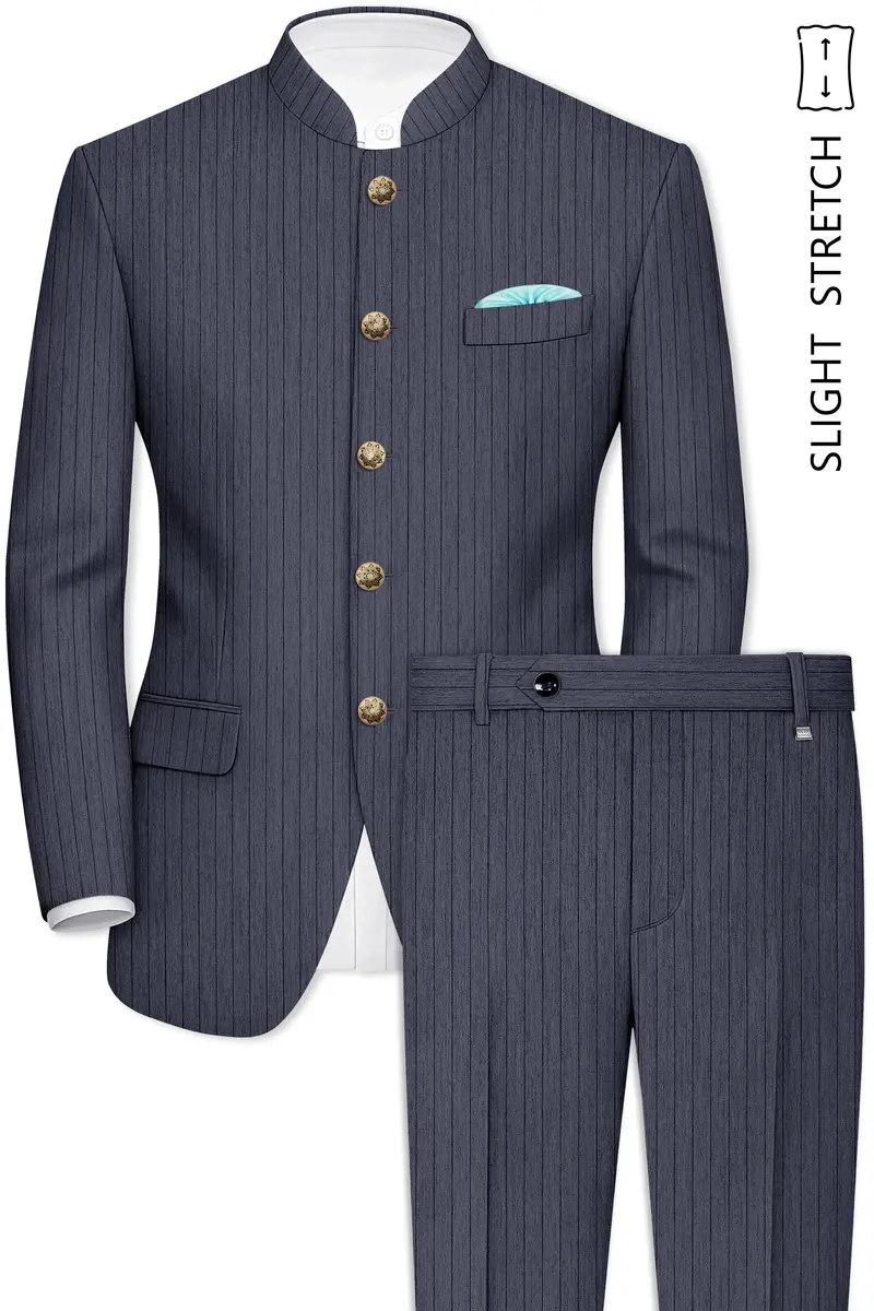 Azurion-Ninja Blue Pin Striped Wool Rich Slight Stretch Bandhgala Suit 2