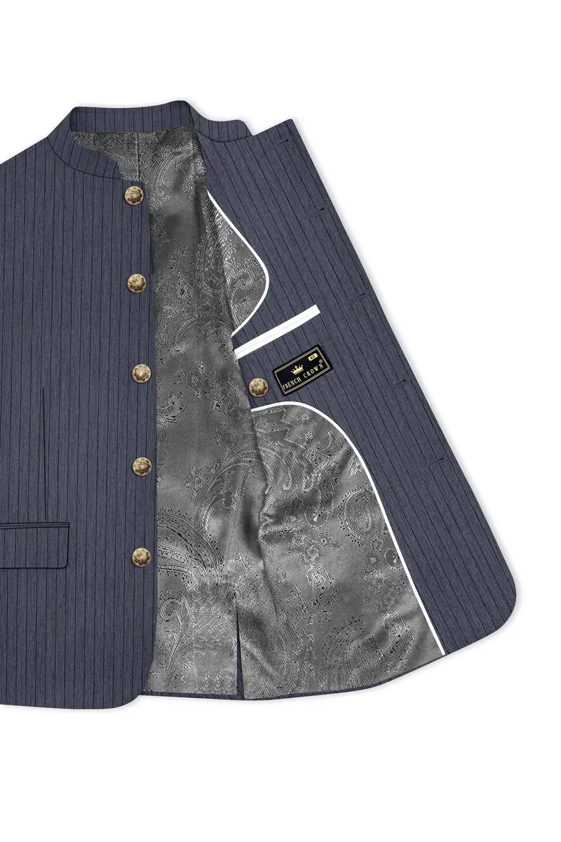 Azurion-Ninja Blue Pin Striped Wool Rich Slight Stretch Bandhgala Suit 5