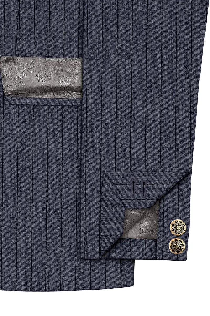 Azurion-Ninja Blue Pin Striped Wool Rich Slight Stretch Bandhgala Suit 6