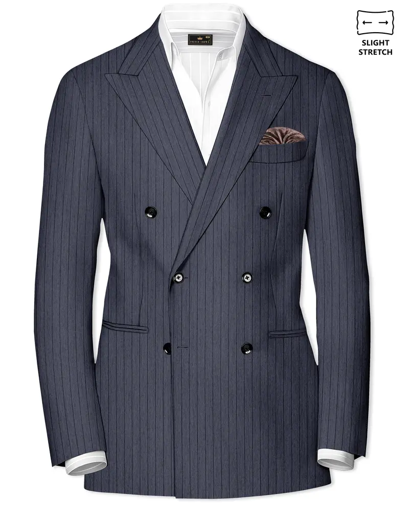 Azurion-Ninja Blue Pin Striped Wool Rich Slight Stretch Double Breasted Blazer 1