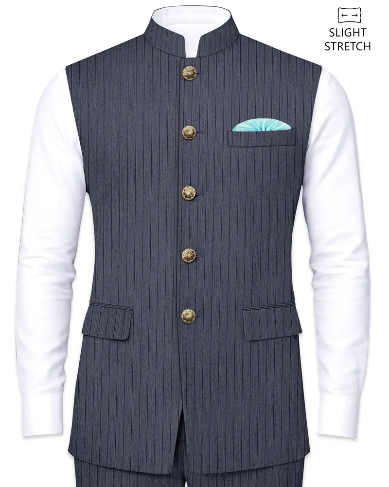 Azurion-Ninja Blue Pin Striped Wool Rich Slight Stretch Nehru Jacket 1