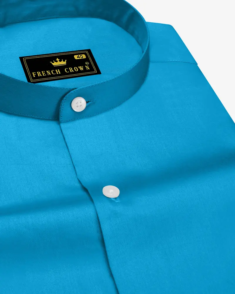 Azurique-Curious Blue Subtle Sheen Super Soft Premium Cotton Mandarin Dress Shirt 1