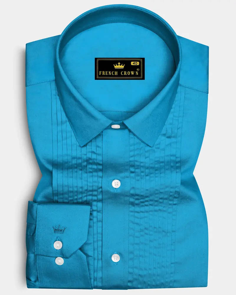 Azurique-Curious Blue Subtle Sheen Super Soft Premium Cotton Tuxedo Dress Shirt 1