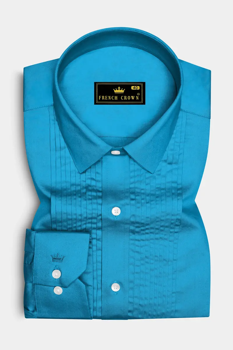 Azurique-Curious Blue Subtle Sheen Super Soft Premium Cotton Tuxedo Dress Shirt 2