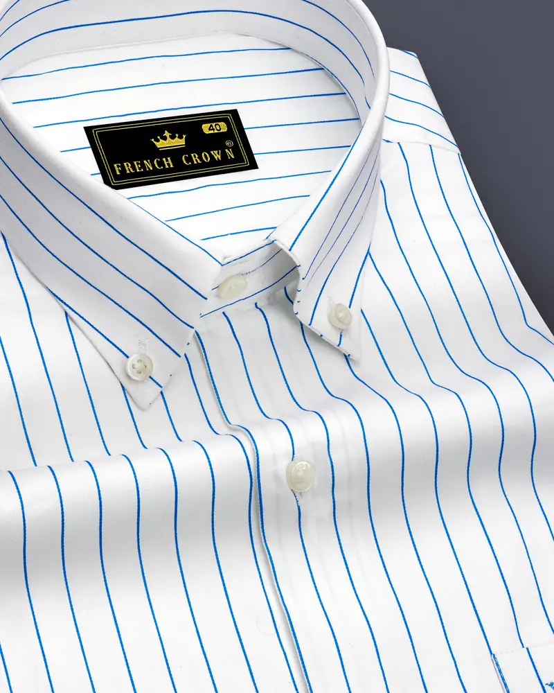 Azurline-Bright White And Havelock Blue Pin Striped Subtle Sheen Super Soft Premium Cotton Button Down Collar Dress Shirt 1