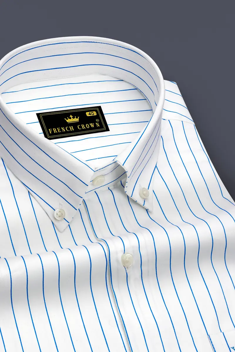 Azurline-Bright White And Havelock Blue Pin Striped Subtle Sheen Super Soft Premium Cotton Button Down Collar Dress Shirt 2