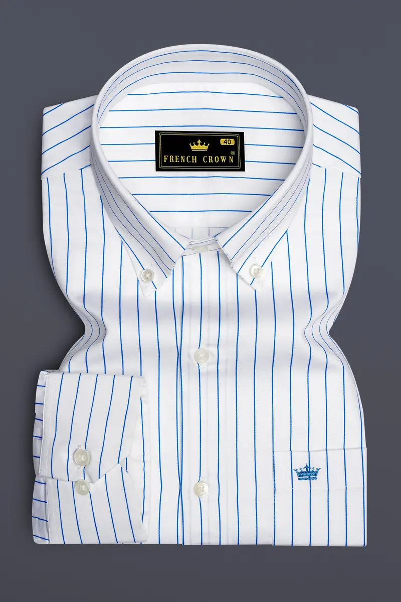 Azurline-Bright White And Havelock Blue Pin Striped Subtle Sheen Super Soft Premium Cotton Button Down Collar Dress Shirt 4