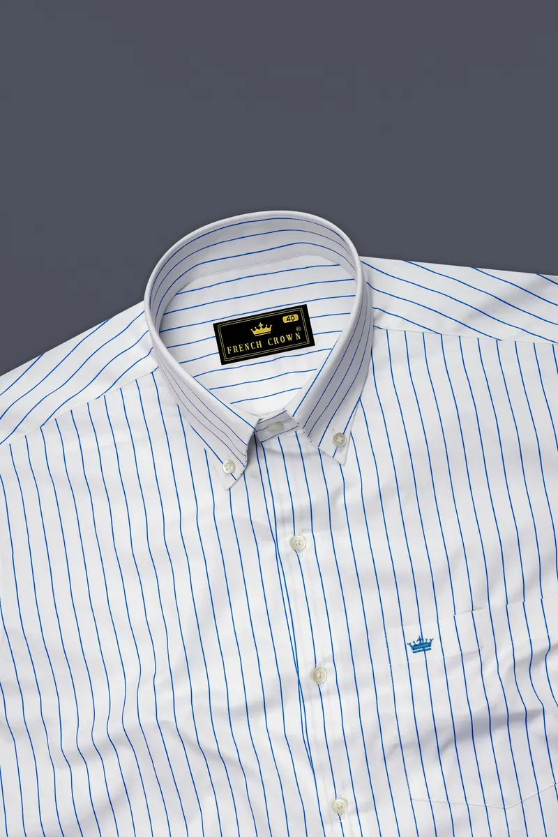 Azurline-Bright White And Havelock Blue Pin Striped Subtle Sheen Super Soft Premium Cotton Button Down Collar Dress Shirt 5