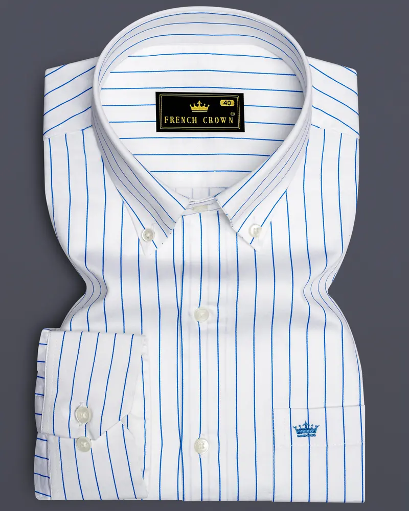 Azurline-Bright White And Havelock Blue Pin Striped Subtle Sheen Super Soft Premium Cotton Button Down Collar Dress Shirt 6