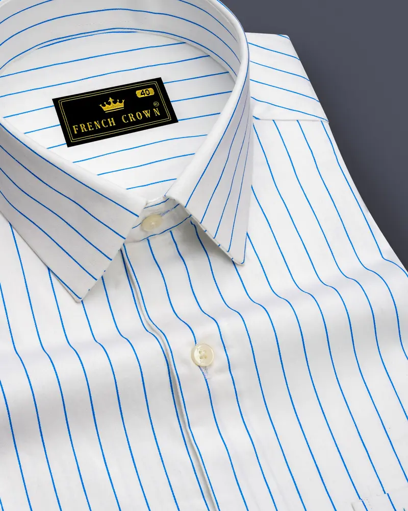 Azurline-Bright White And Havelock Blue Pin Striped Subtle Sheen Super Soft Premium Cotton Dress Shirt 1