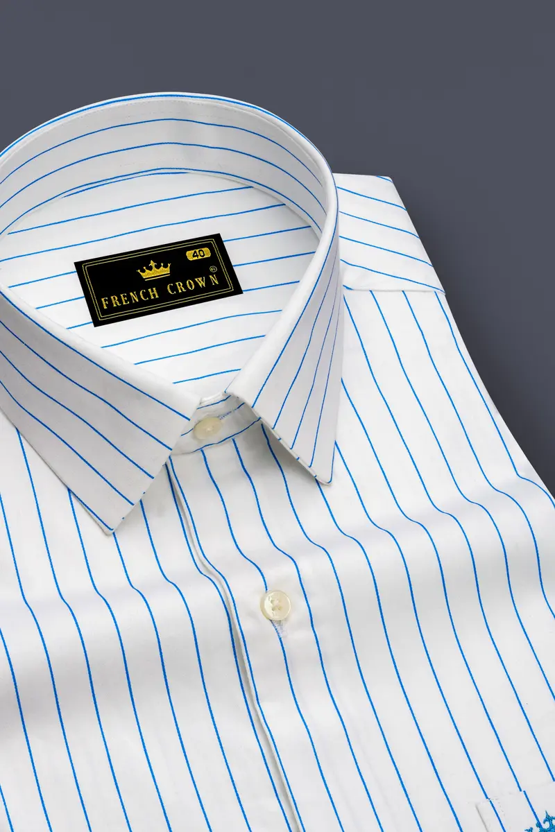 Azurline-Bright White And Havelock Blue Pin Striped Subtle Sheen Super Soft Premium Cotton Dress Shirt 2