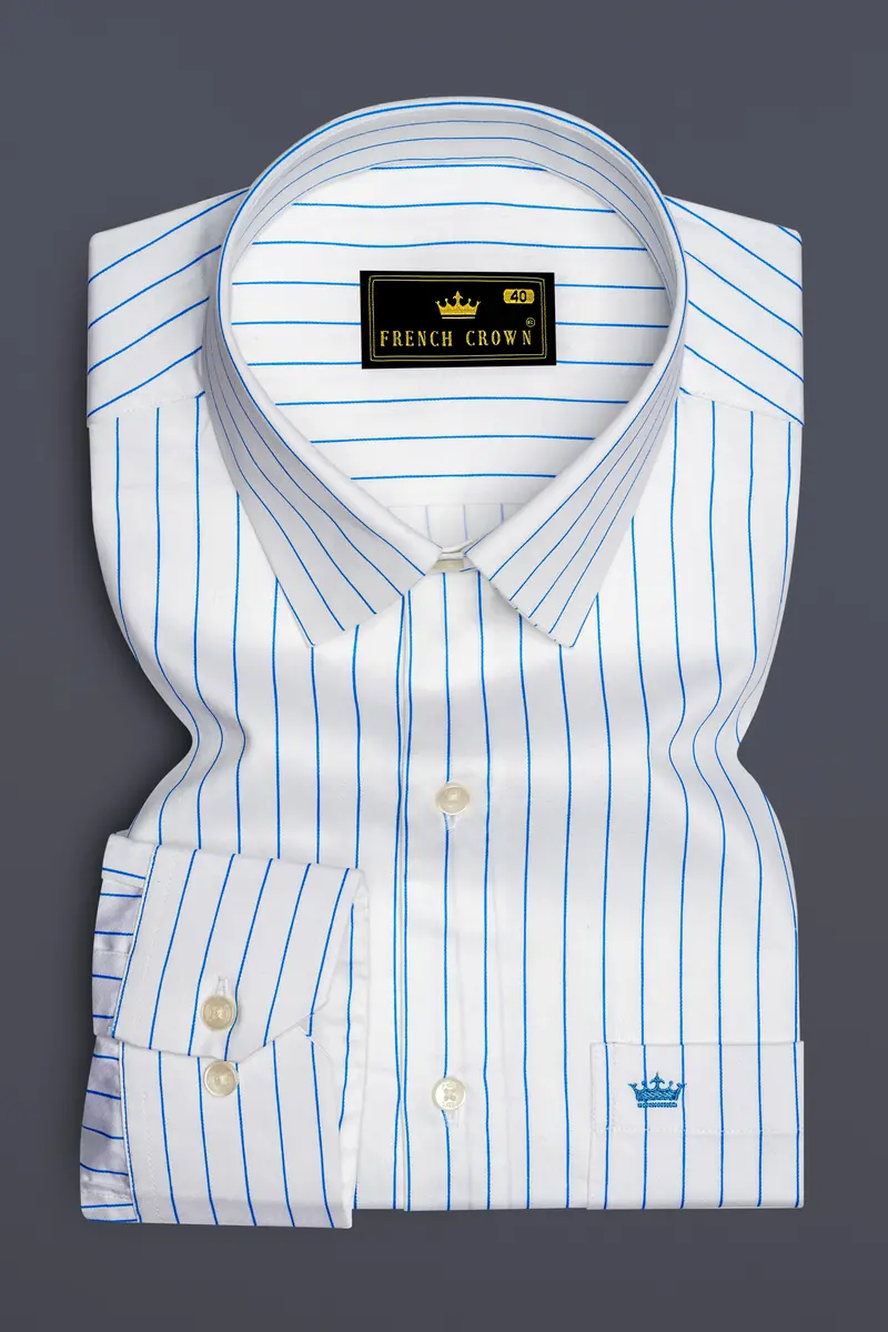 Azurline-Bright White And Havelock Blue Pin Striped Subtle Sheen Super Soft Premium Cotton Dress Shirt 4