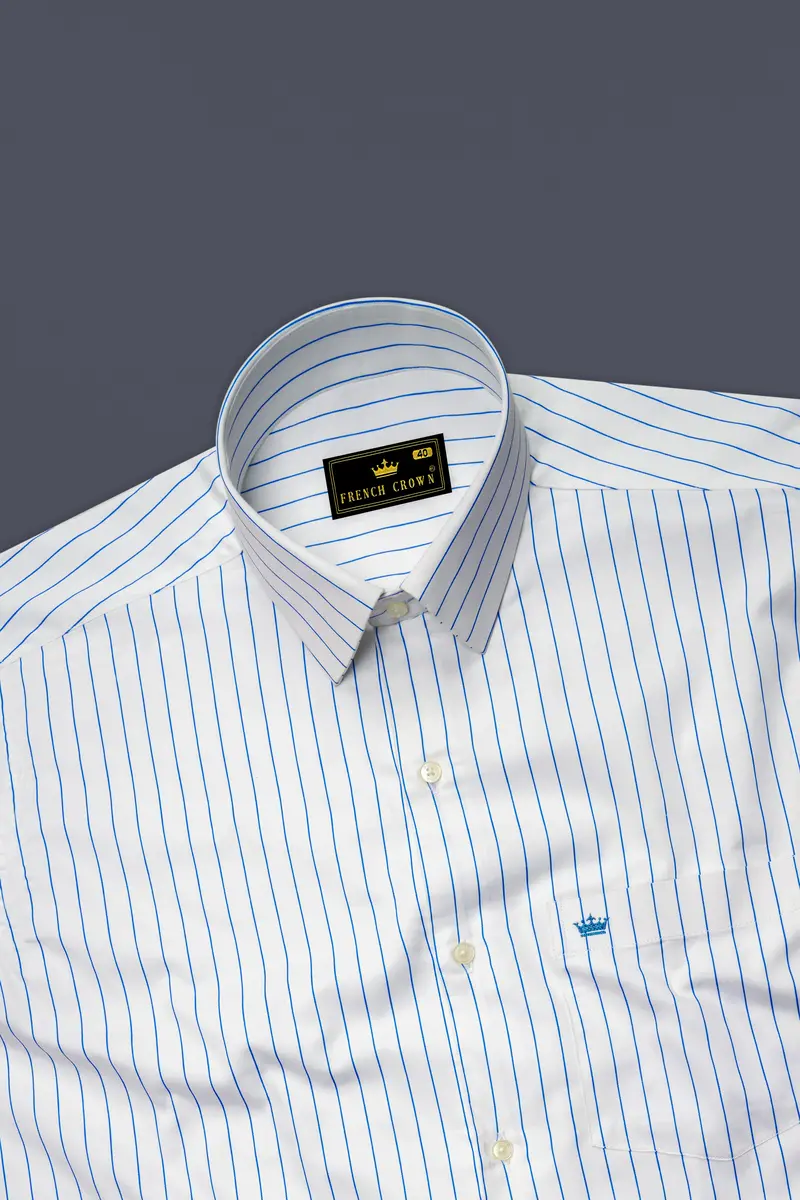 Azurline-Bright White And Havelock Blue Pin Striped Subtle Sheen Super Soft Premium Cotton Dress Shirt 5