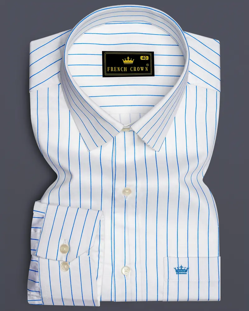 Azurline-Bright White And Havelock Blue Pin Striped Subtle Sheen Super Soft Premium Cotton Dress Shirt 6