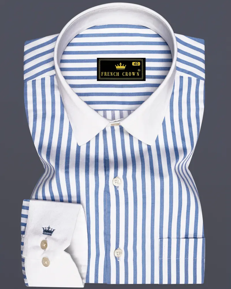 Azurline-Carolina Blue And Bright White Candy Striped Super Soft Premium Cotton Dress White Cuff Collar Shirt 1