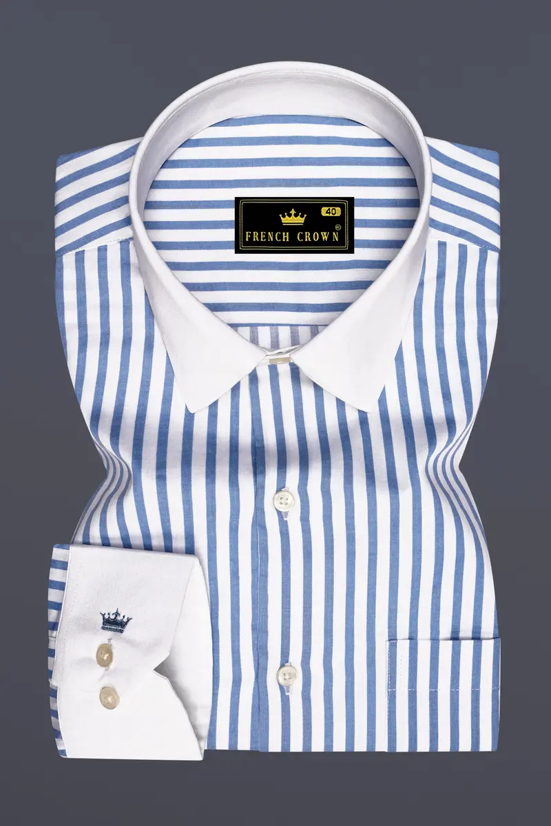 Azurline-Carolina Blue And Bright White Candy Striped Super Soft Premium Cotton Dress White Cuff Collar Shirt 2