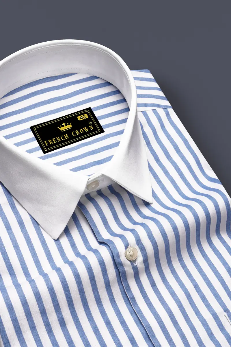Azurline-Carolina Blue And Bright White Candy Striped Super Soft Premium Cotton Dress White Cuff Collar Shirt 4