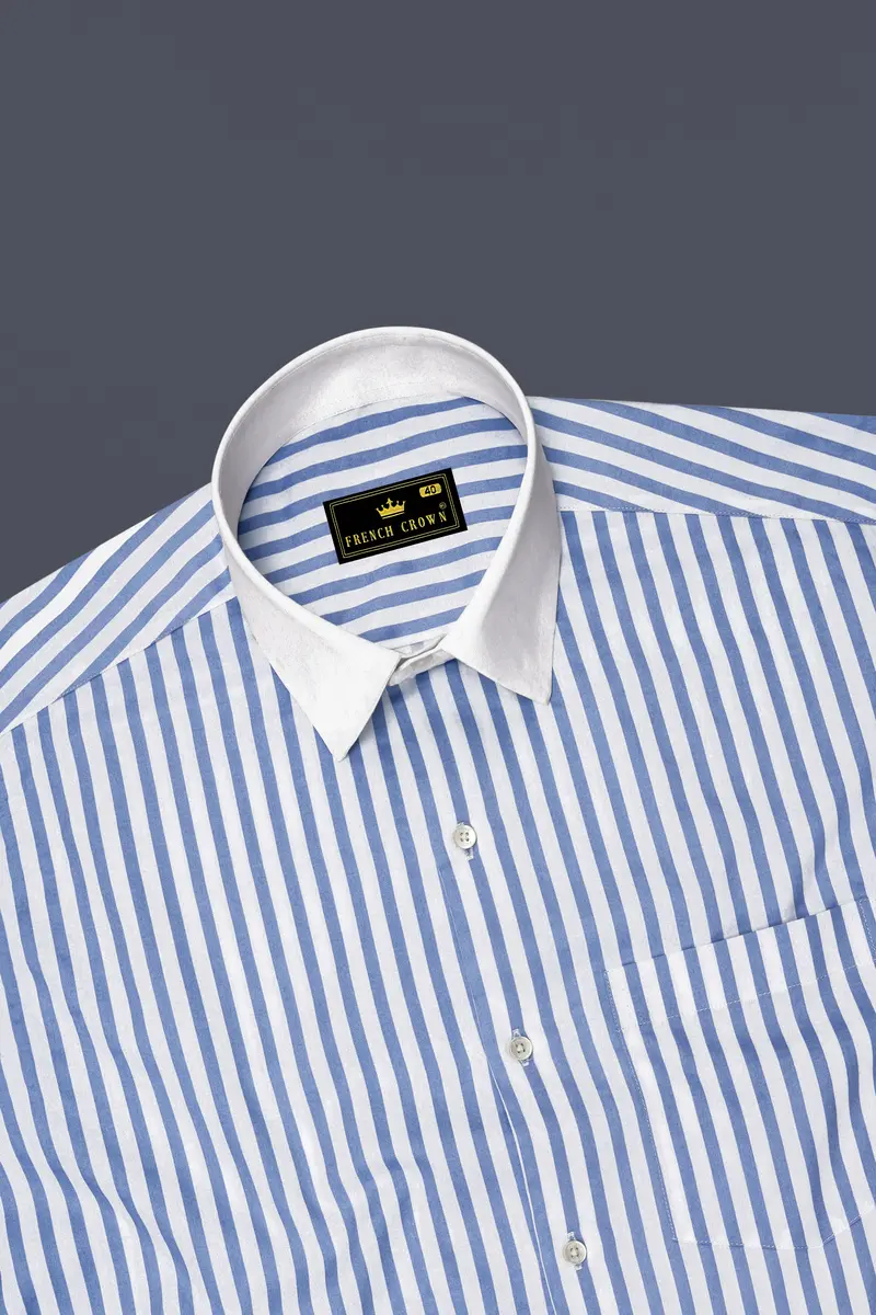 Azurline-Carolina Blue And Bright White Candy Striped Super Soft Premium Cotton Dress White Cuff Collar Shirt 5