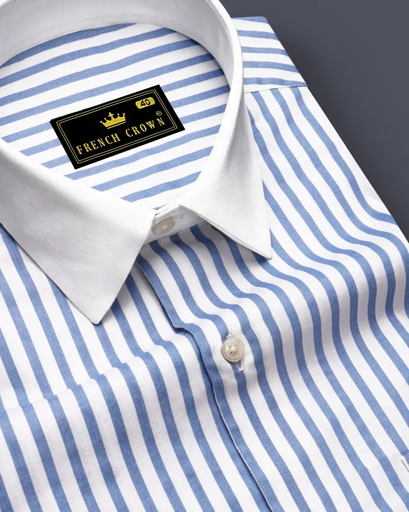 Azurline-Carolina Blue And Bright White Candy Striped Super Soft Premium Cotton Dress White Cuff Collar Shirt 6