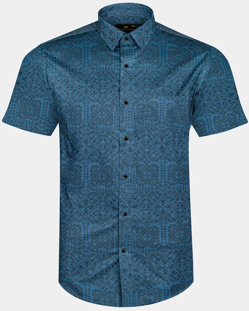 Azuron-Metallic Blue And Jade Black Paisley Printed Super Soft Premium Giza Cotton Casual Shirt 1