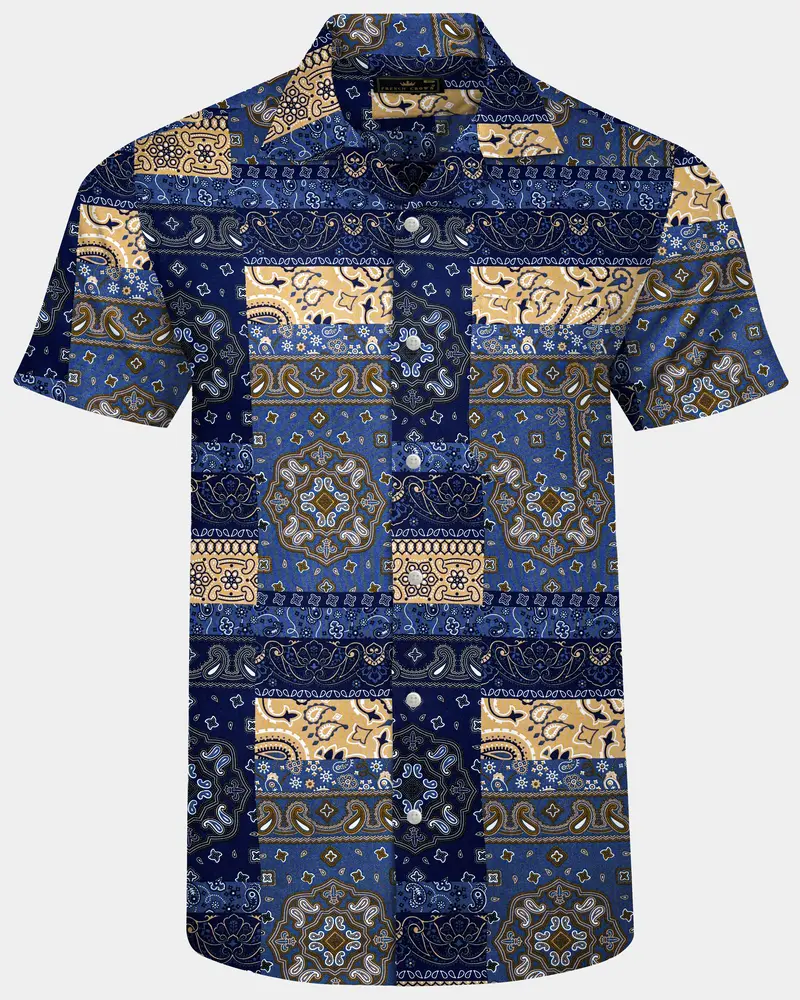Azurune-Yale Blue And Sand Dune Brown Tiled Paisley Printed Super Soft Tencel Casual Shirts 1